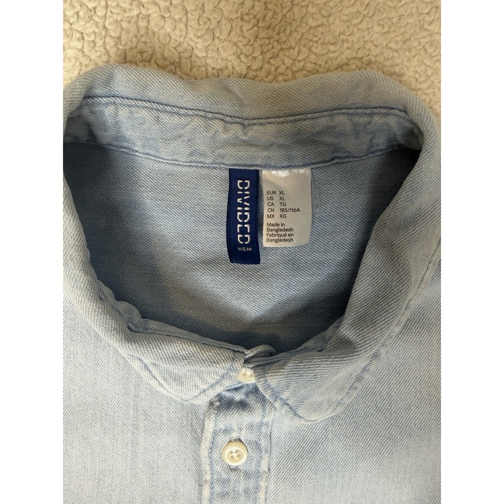 H&M Mens Chambray Button Up Shirt Size XL Short Sleeve Light Blue Casual - Picture 2 of 4